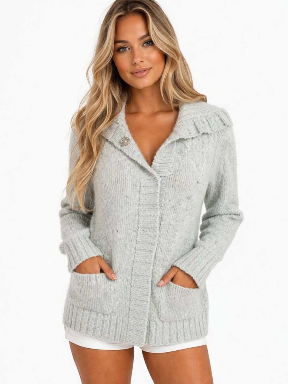 HCo Aqua Heathered Button-Up Shawl Collar Cardi Beach Pockets Cozy School Gift